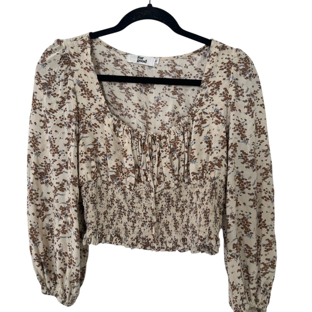 For Good Floral Scoop Neck Smocked Cropped Womens Blouse Sz S Boho